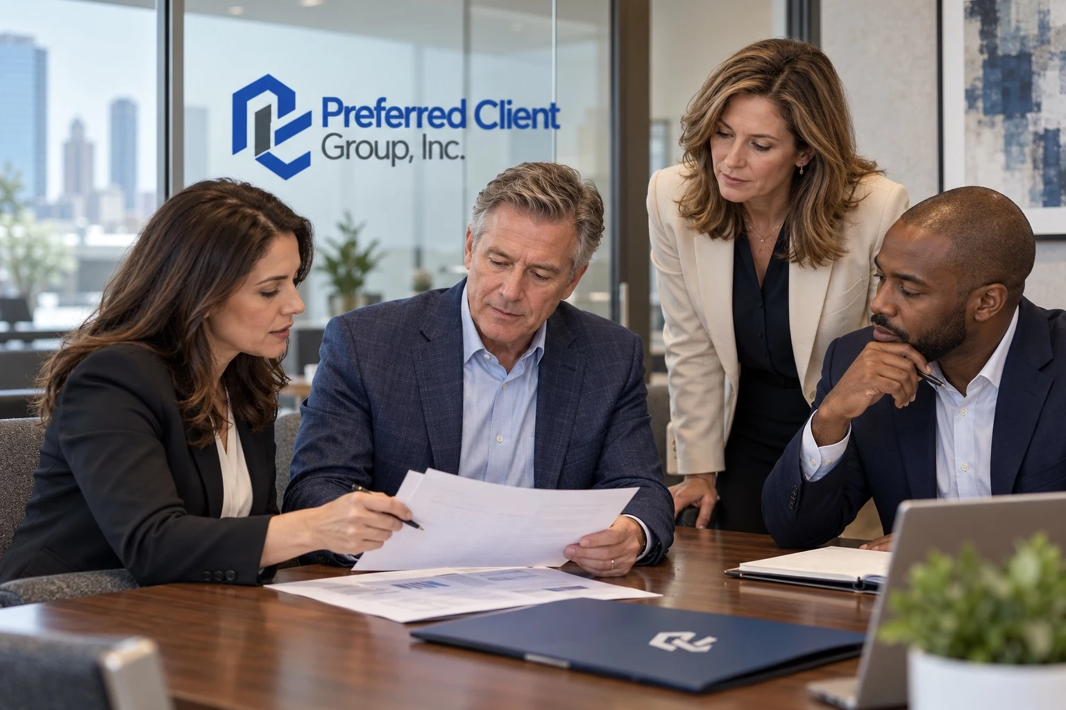 A group reviewing investment documents