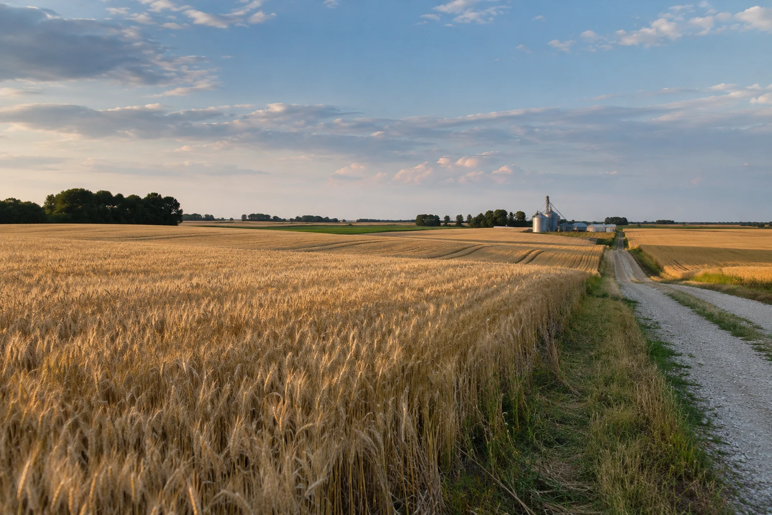 Wheat fields and grain silos on open farmland