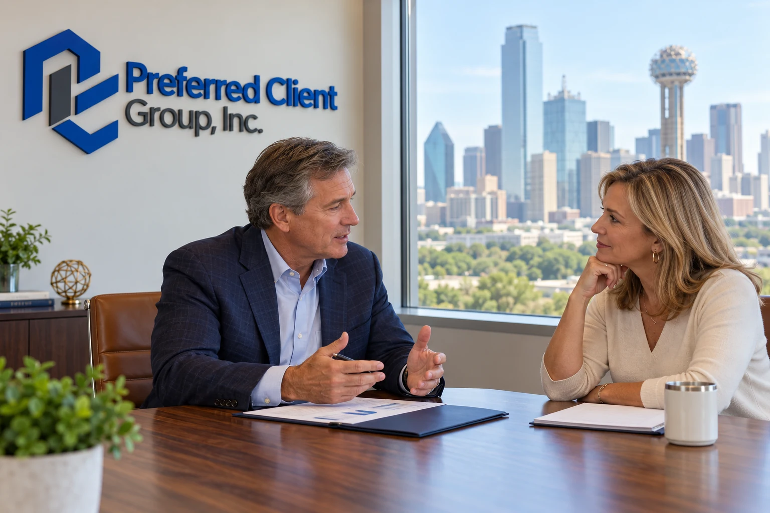 Illustrative adviser and client discussion with the company logo and Dallas skyline