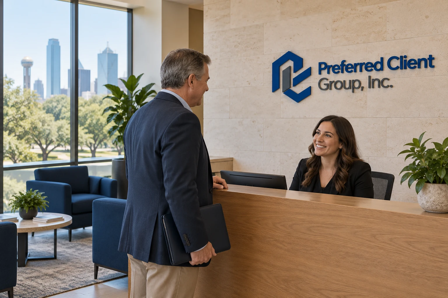 Illustrative Dallas office welcome with the Preferred Client Group logo