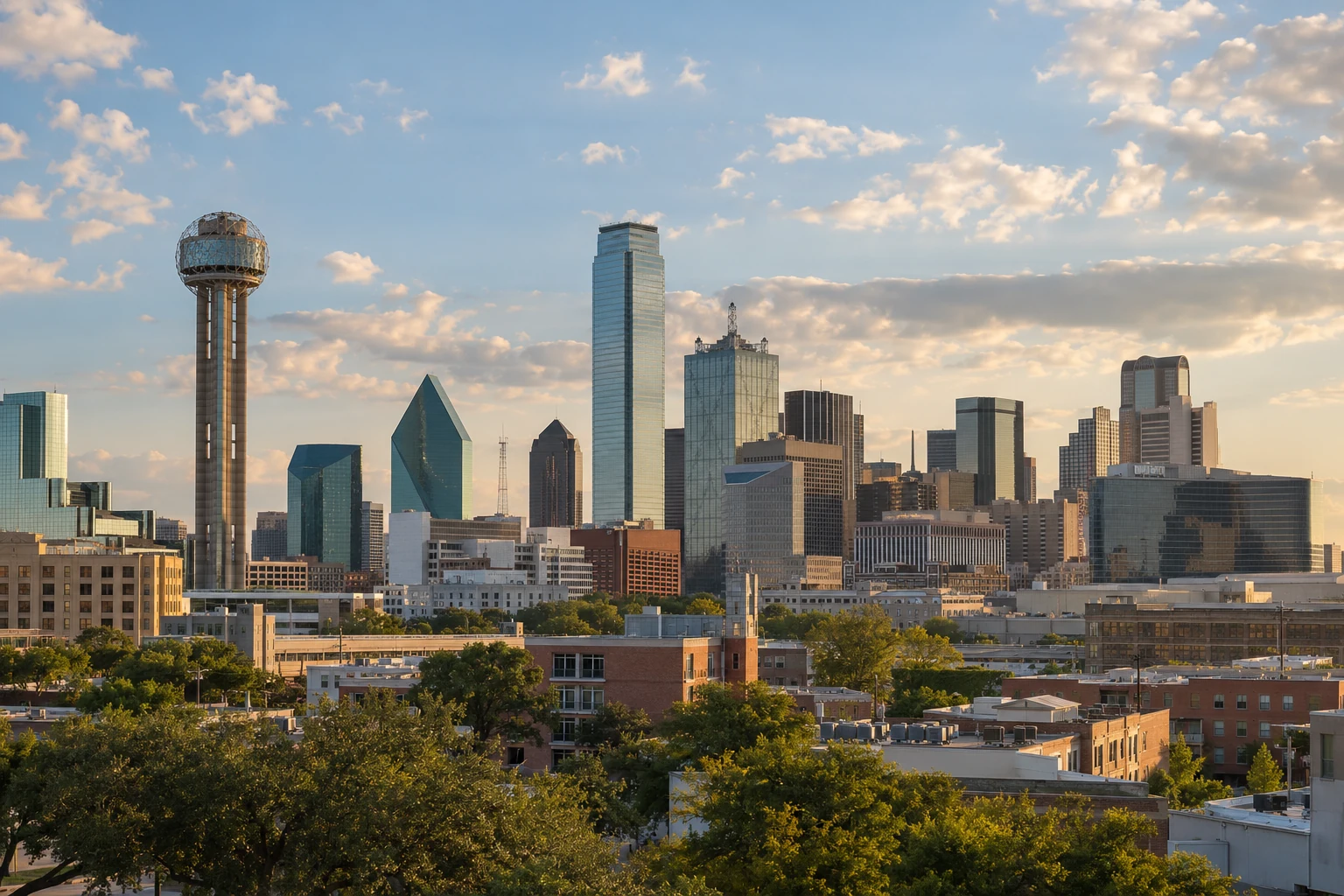 Dallas skyline with Reunion Tower and foreground trees