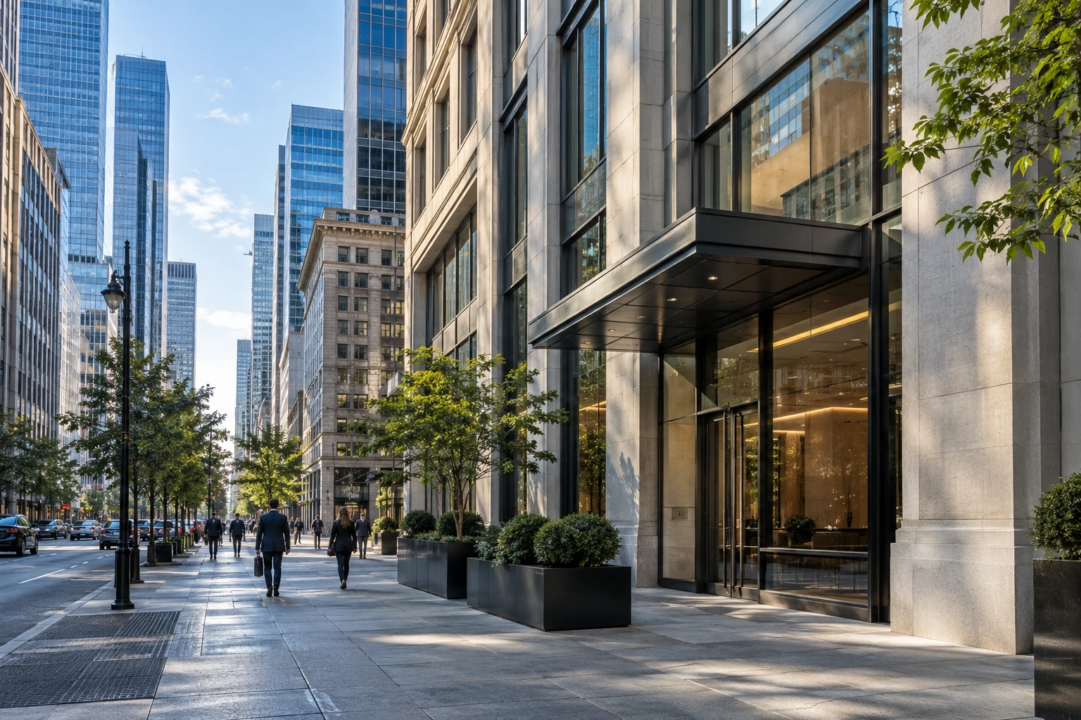 Contemporary commercial buildings and people in a financial district