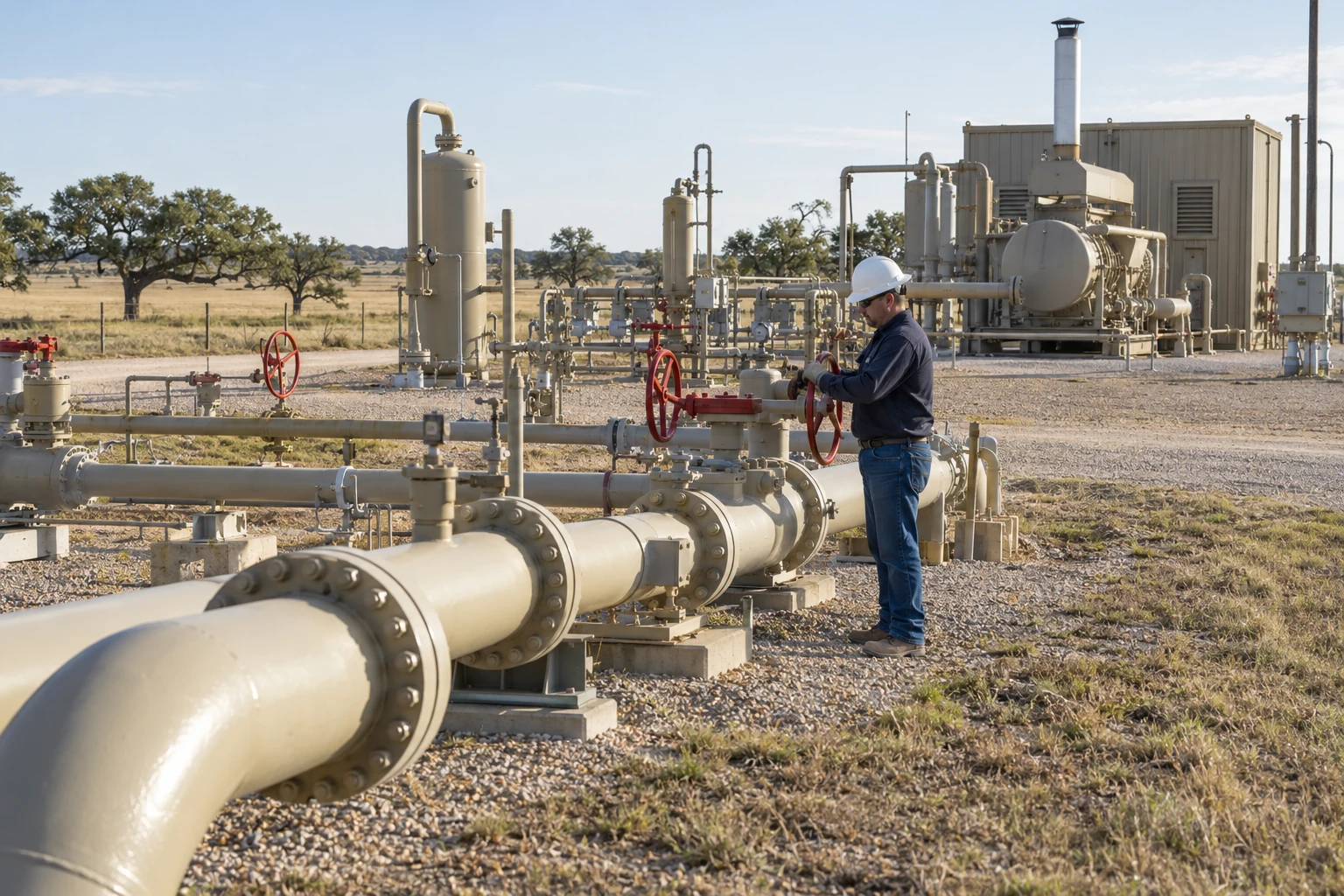 Technician inspecting a gas installation in a Texas landscape