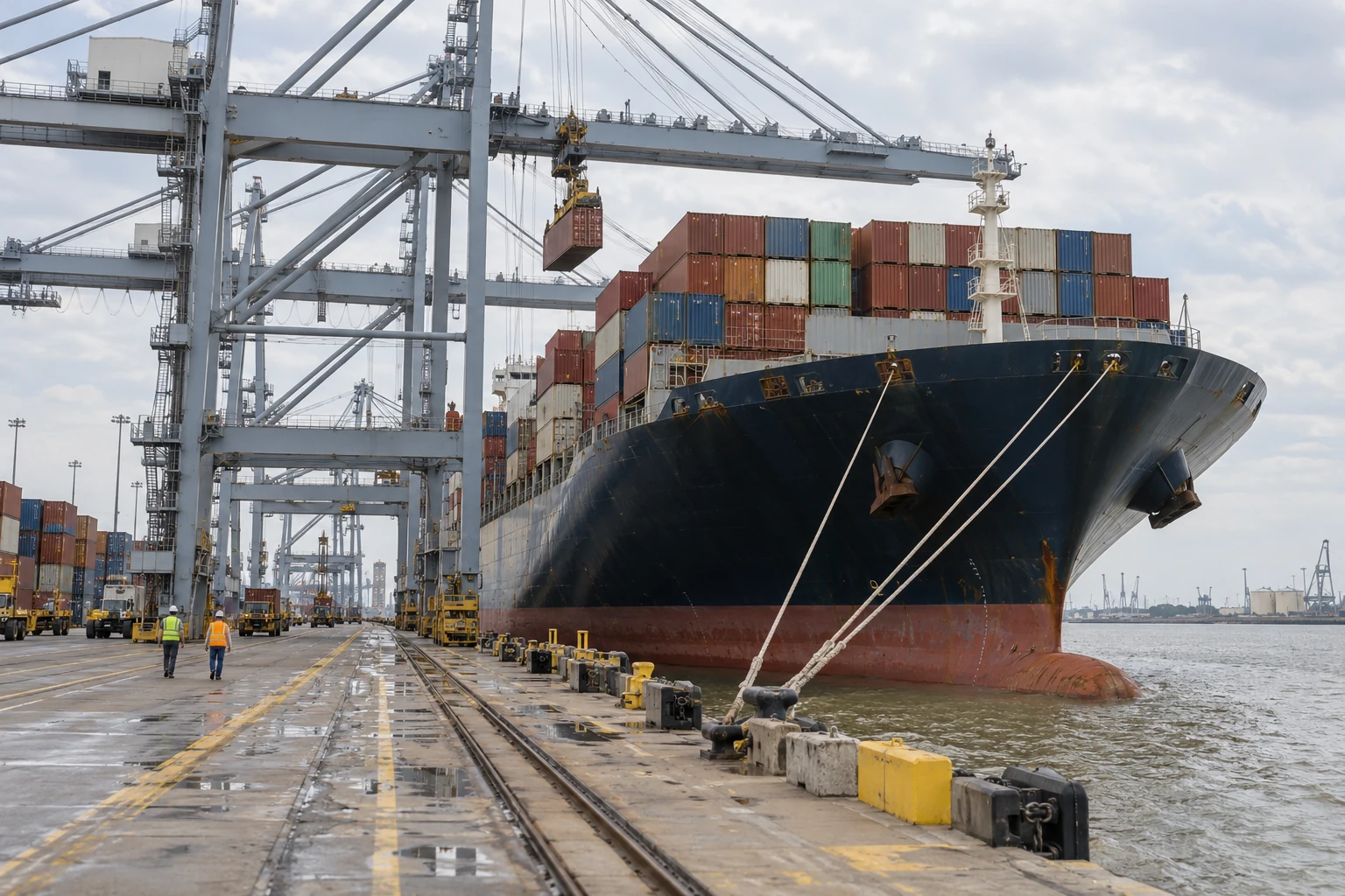 Container ship and dock workers in a Texas Gulf Coast port setting