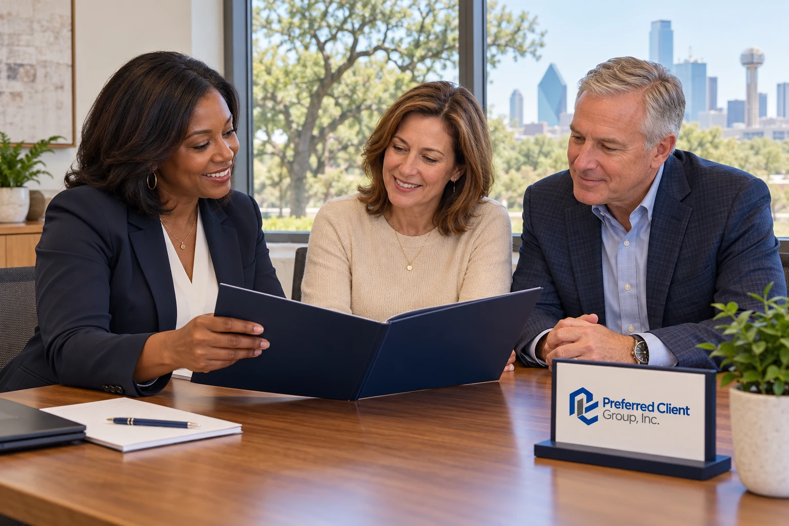 Illustrative financial planning conversation with Dallas skyline and company logo