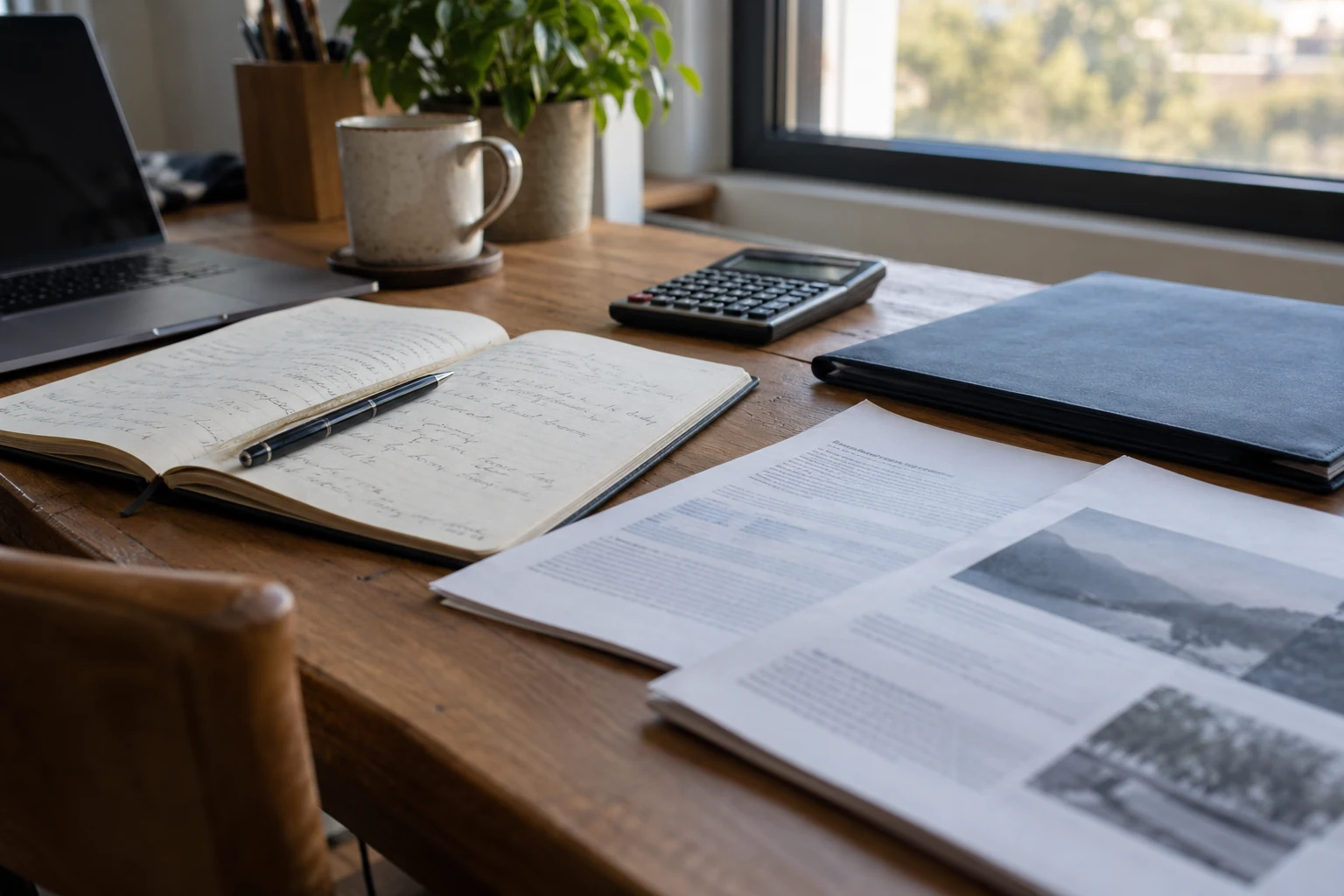Research papers, notebook and calculator on an office desk