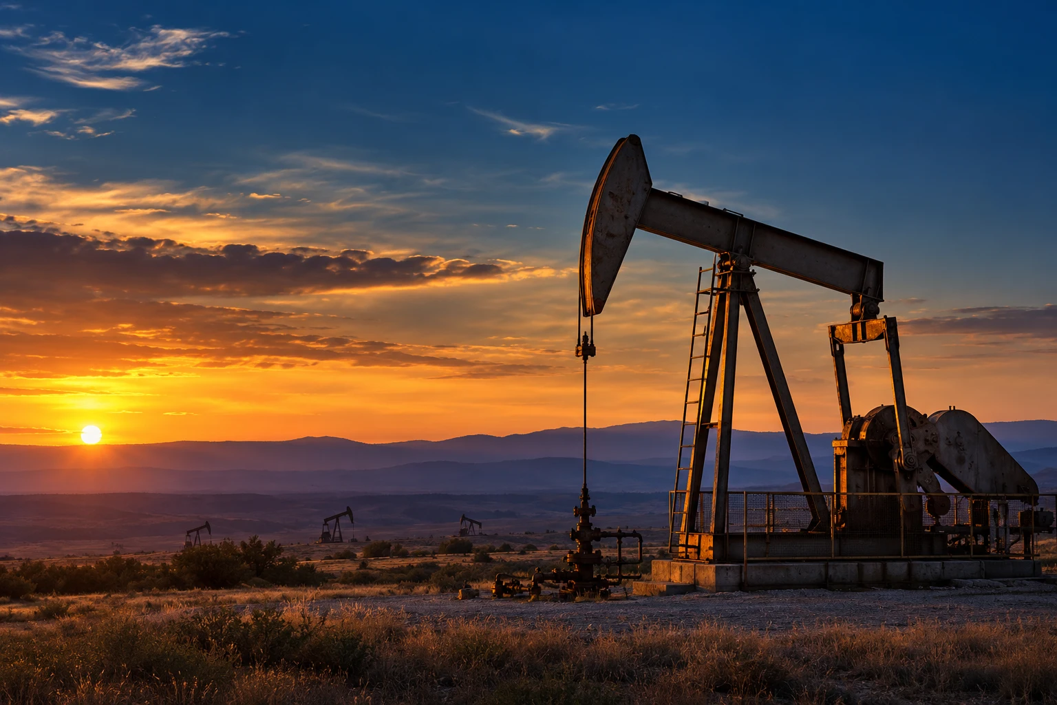 An oil pumpjack at sunset