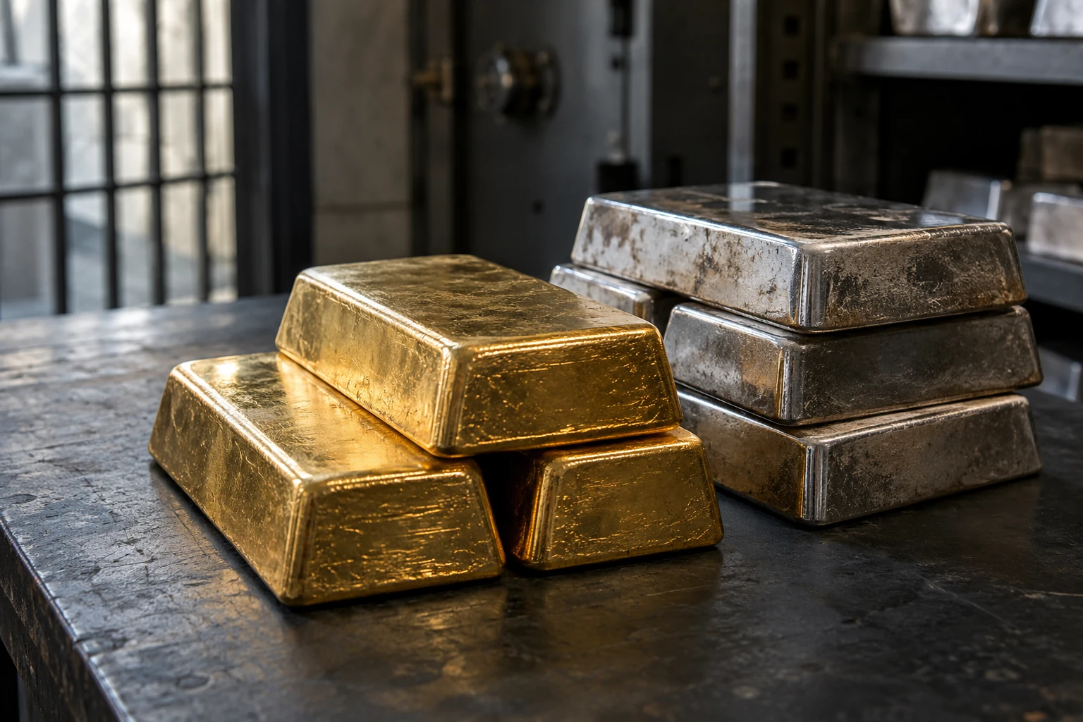Gold and silver bullion on a workbench