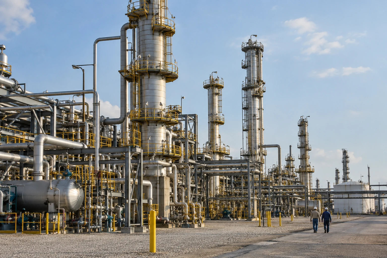 Technicians walking through a Texas Gulf Coast refinery setting